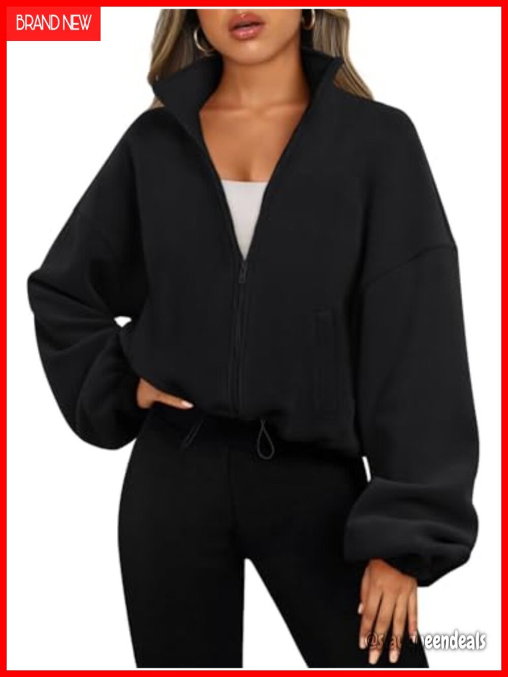 Womens Fleece Jacket Zip Up Oversized Cropped Sweatshirt